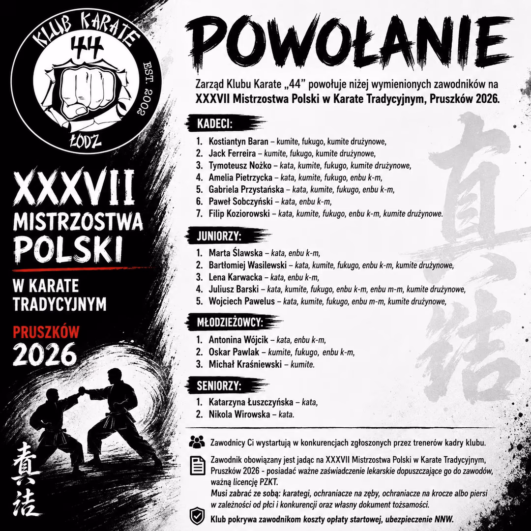 Powołanie na XXXVII Mistrzostwa Polski w Karate Tradycyjnym